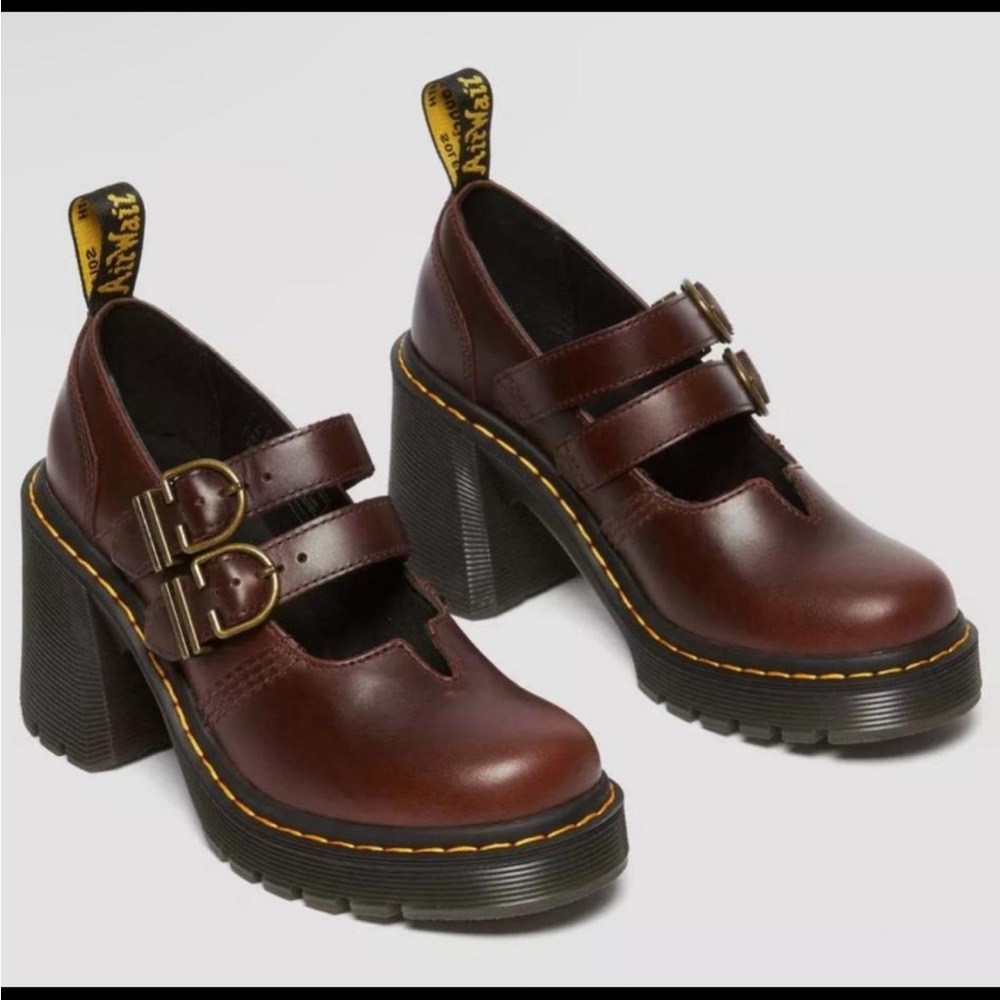EVIE Dark Brown Double-Strap Chunky Mary Jane Heels